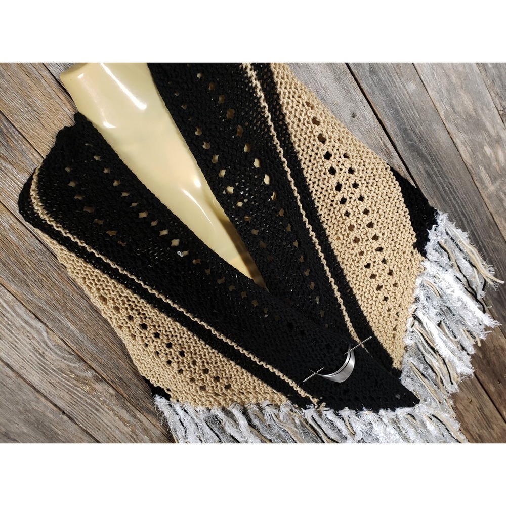 NEW Black Beige Knit Shawl‎ Wrap Boho Indie Artsy Festival Cottage Hippie Chic - Picture 4 of 9